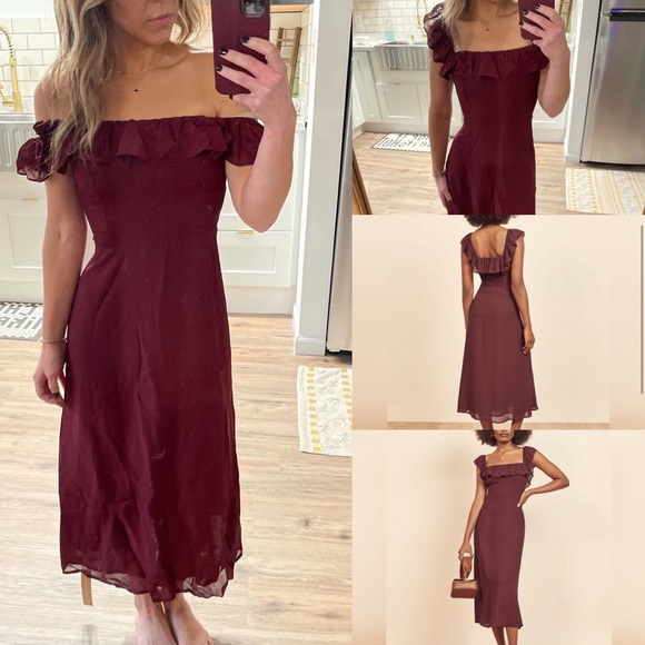 Reformation Dresses & Skirts - NWT Reformation Colette Dress plum square neck off shoulder ruffle 0 midi